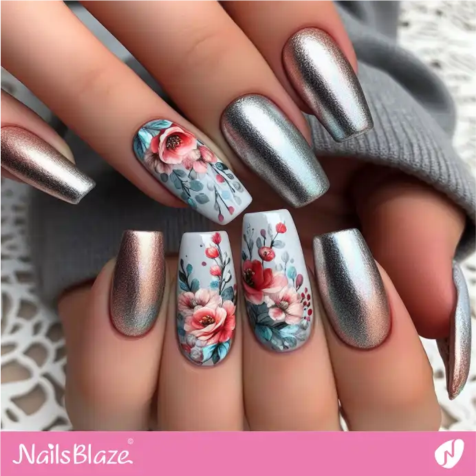 Chrome and Gold Nails Watercolor Floral Design | Paint Nail Art - NB2247